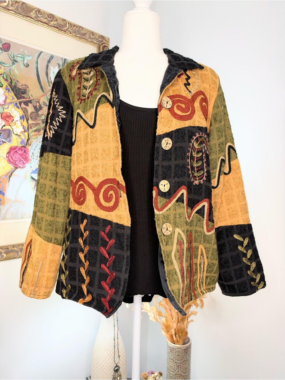 Vintage Allure Women S Embroidered Boho Jacket Patchwork Artsy Button Front
